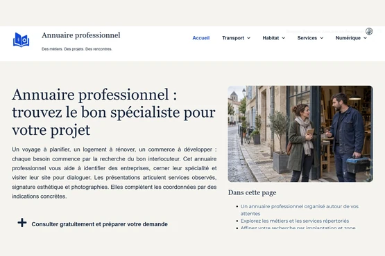 Aperçu de l’Annuaire professionnel : métiers, entreprises et articles illustrés
