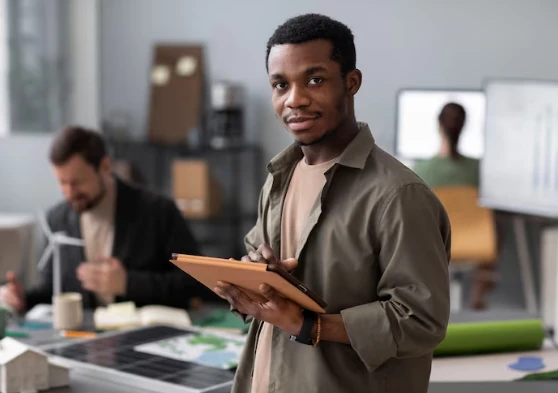 Homme tenant un carnet et un stylo dans un bureau partagé.